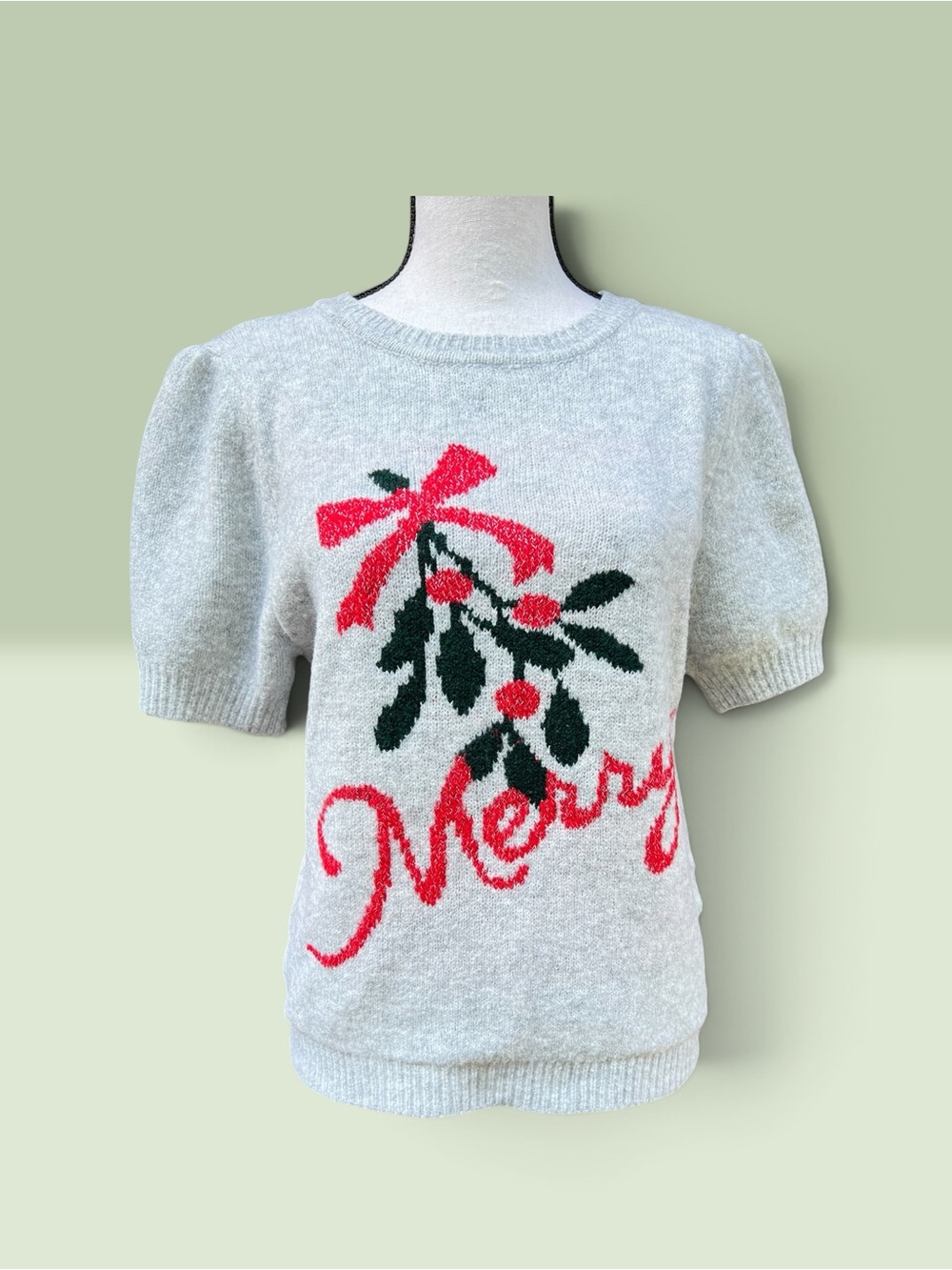 Cupcakes & Cashmere Gray Puff Sleeve "Merry" Christmas Holiday Sweater Large - Picture 3 of 12